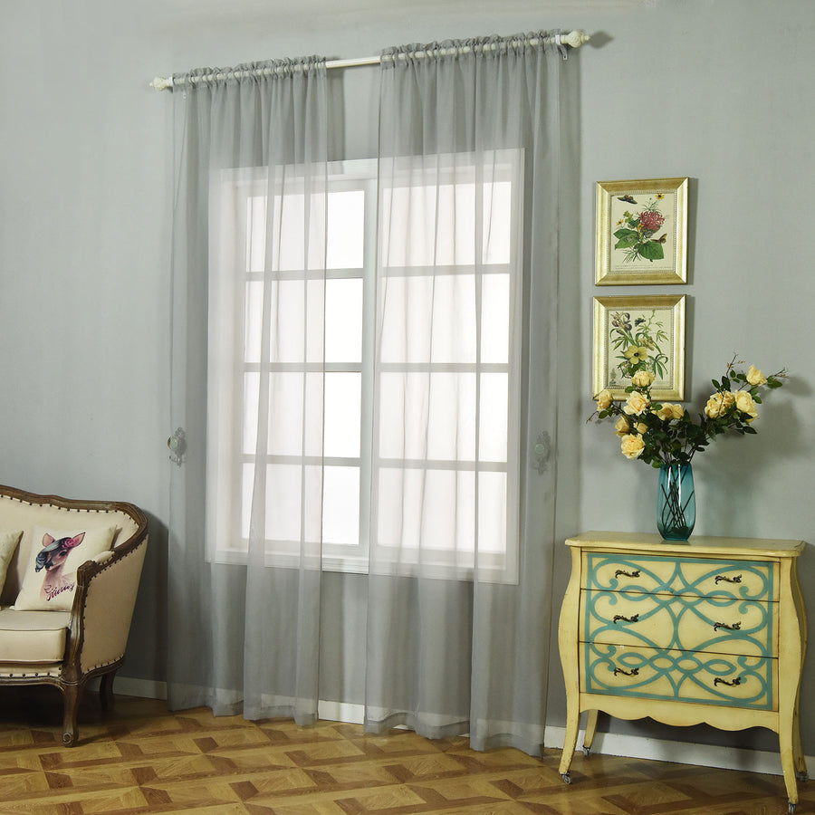 2 Pack | Silver Sheer Organza Curtains With Rod Pocket Window Treatment Panels - 52x108inch