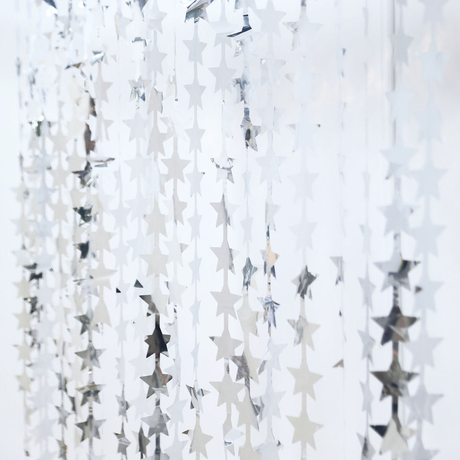 Silver Star Chain Foil Fringe Curtain Party Backdrop, Metallic Silver Tinsel Streamer Party Decor