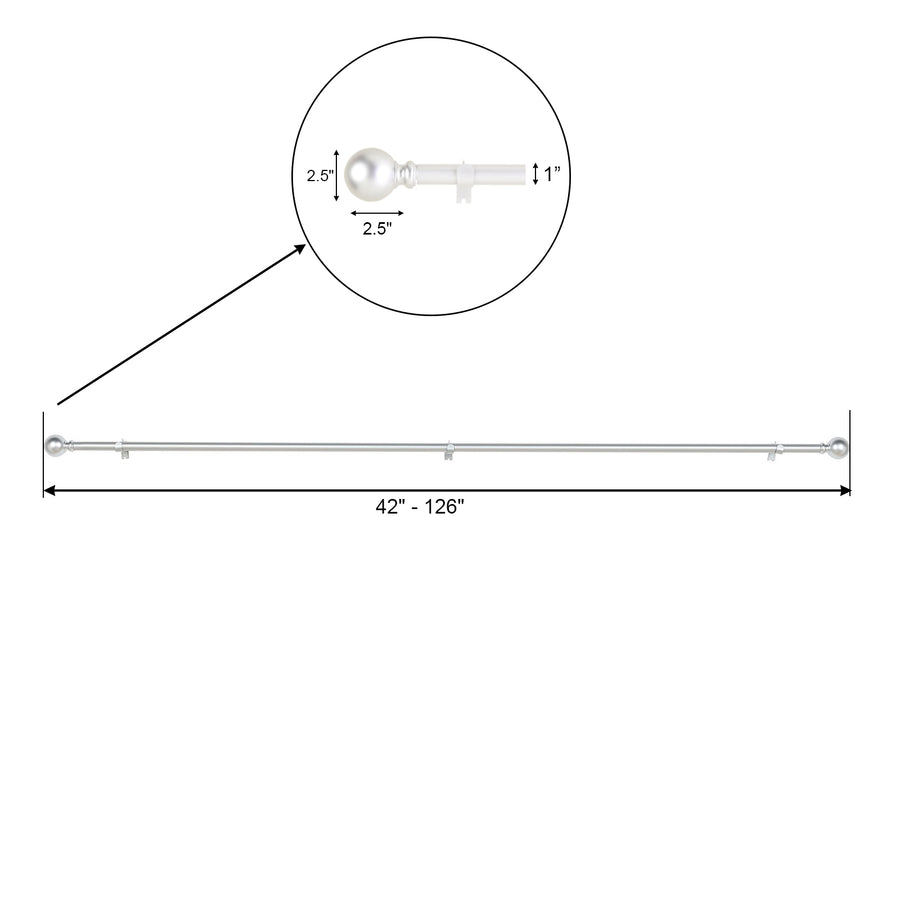 42-126inch Adjustable Curtain Rod Set, Silver, Round Finials