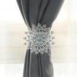 2 Pack | 4inch Metallic Silver Crystal Flower Magnetic Curtain Tie Backs