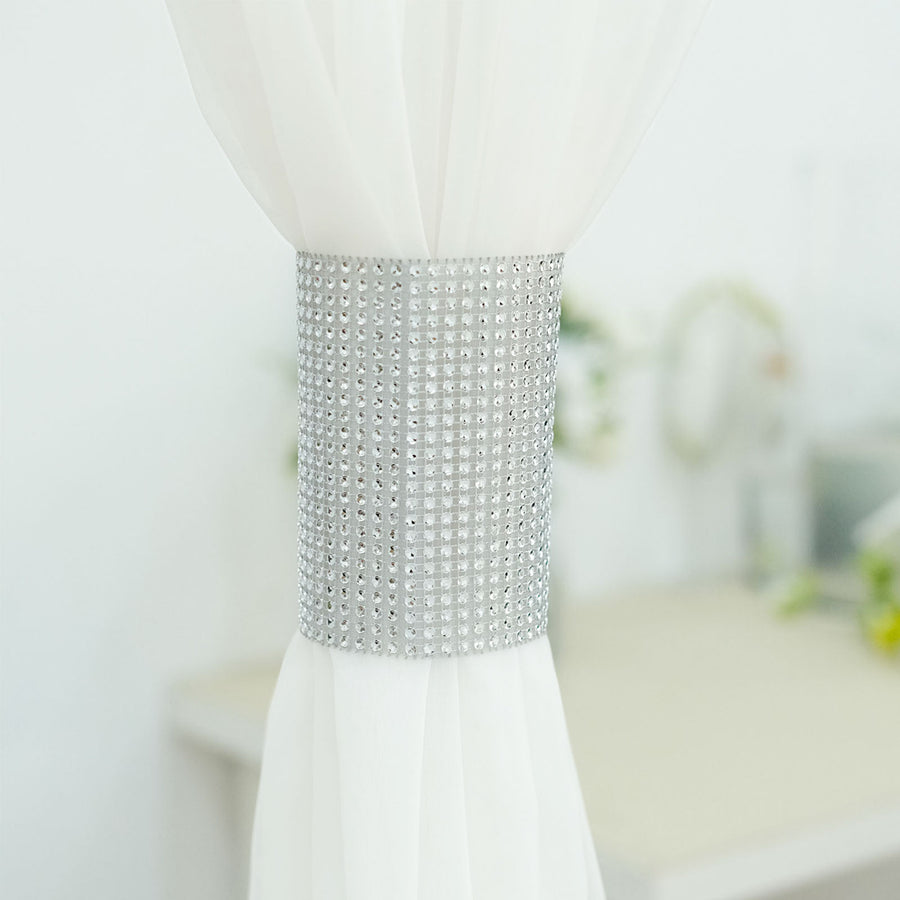 4 Pack | Silver Rhinestone Mesh Velcro Backdrop Curtain Bands, Large Chair Sash Clip Tie Backs
