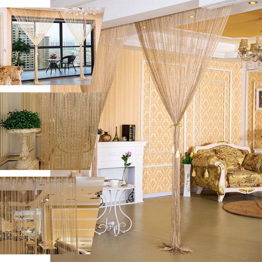 3ftx8ft Gold Silk Tassel String Curtains, Decorative Room Divider Panels