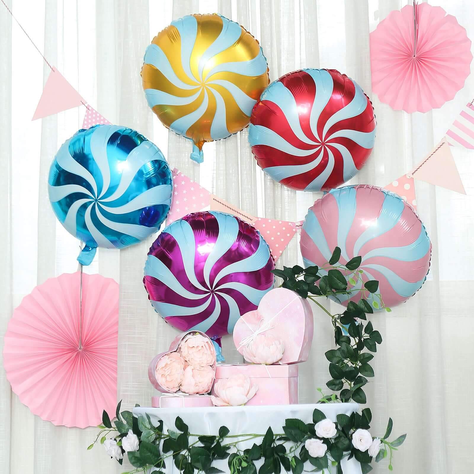 Description Picture 2 of item5 Pack 13" Candy Striped Swirl Print Mylar Foil Helium Air Balloons