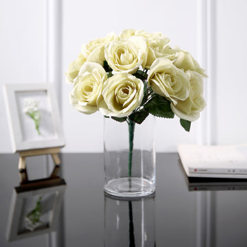 12" Champagne Artificial Velvet-Like Fabric Rose Flower Bouquet Bush