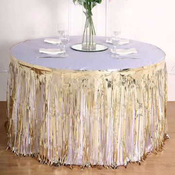 30"x9ft Champagne Metallic Foil Fringe Table Skirt, Self Adhesive Tinsel Table Skirt