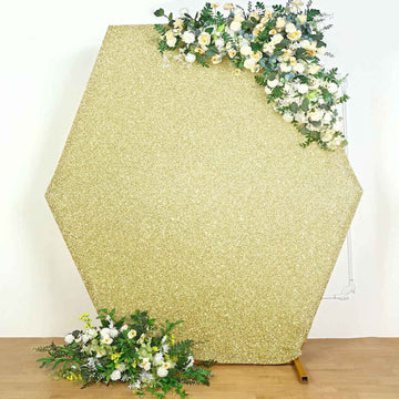 8ftx7ft Champagne Metallic Shimmer Tinsel Spandex Hexagon Wedding Arbor Cover, 2-Sided Backdrop