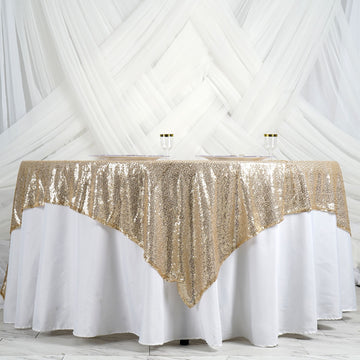 90"x90" Champagne Premium Sequin Square Table Overlay, Sparkly Table Overlay