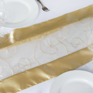 14"x108" Champagne Satin Embroidered Sheer Organza Table Runner