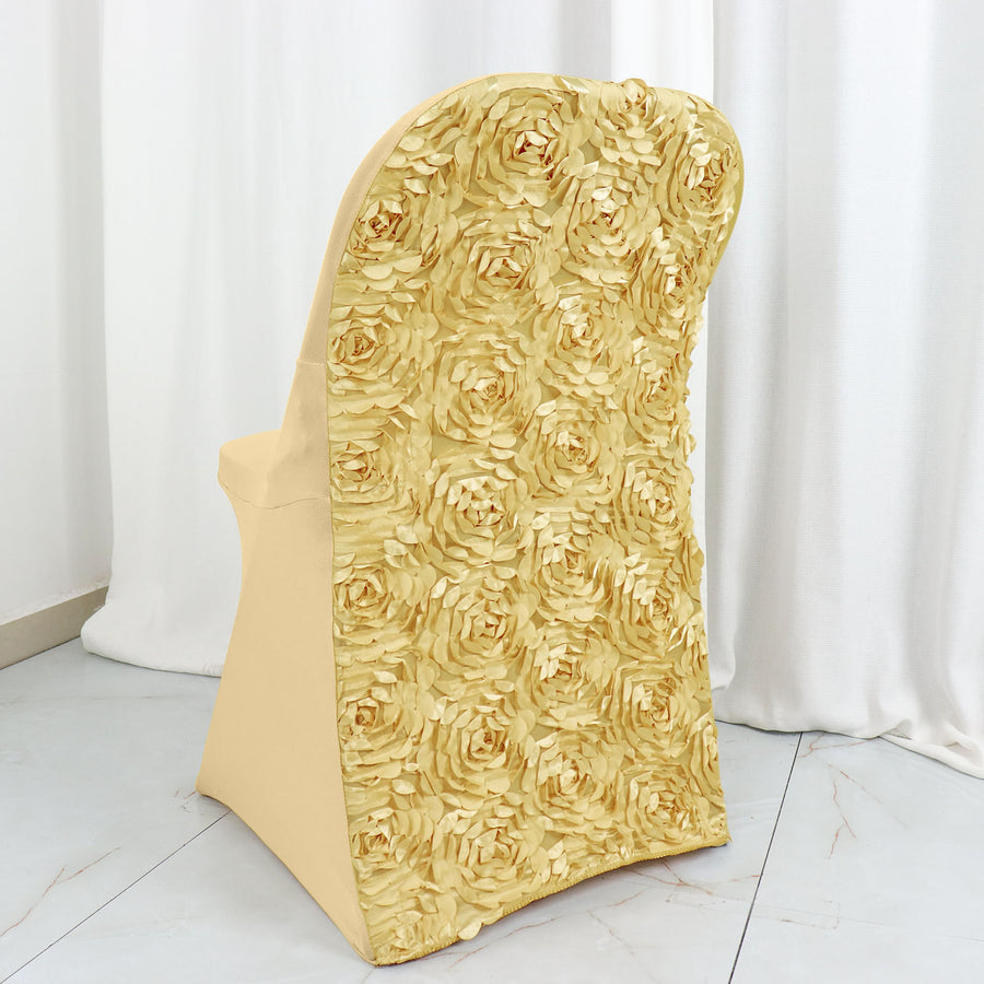 Champagne Satin Rosette Spandex Stretch Fitted Folding Chair Cover