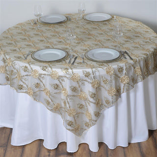 Add Elegance to Your Event with the Champagne Satin Sequin Floral Embroidered Lace Table Overlay
