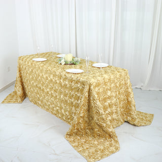Elegant Champagne Seamless Grandiose 3D Rosette Satin Rectangle Tablecloth