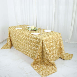 Elegant Champagne Seamless Grandiose 3D Rosette Satin Rectangle Tablecloth