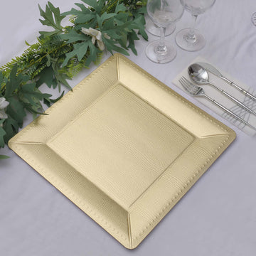10 Pack | 13" Champagne Textured Disposable Square Charger Plates, Leather Like Cardboard Serving Trays - 1100 GSM