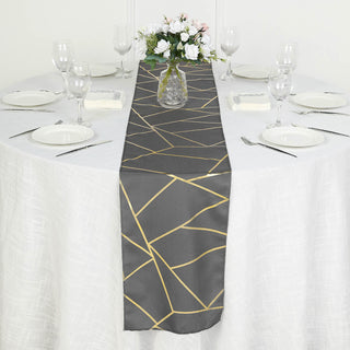 Charcoal Gray Gold Foil Geometric Pattern Polyester Table Runner - Add Elegance to Your Tablescapes