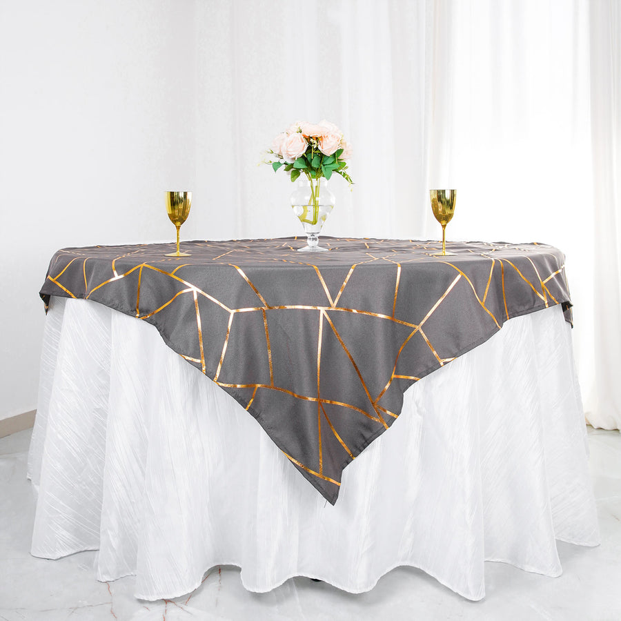 54inch x 54inch Charcoal Gray Polyester Square Overlay With Gold Foil Geometric Pattern
