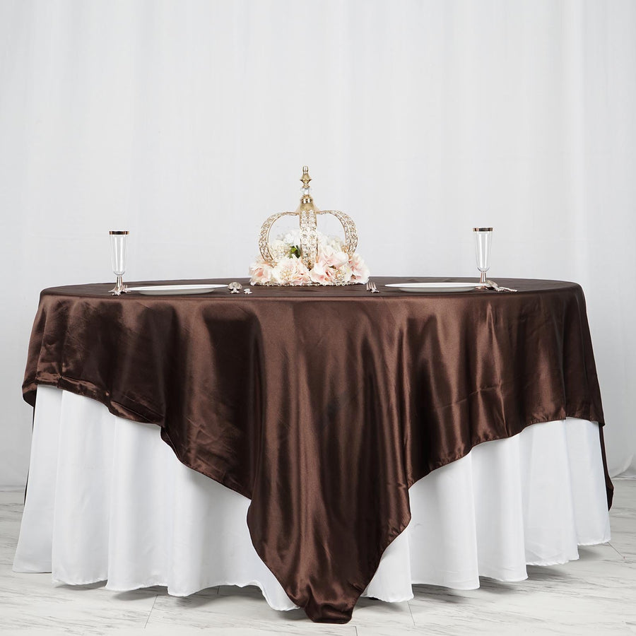 90" x 90" Chocolate Seamless Satin Square Tablecloth Overlay