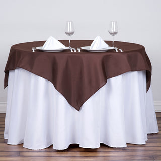 Elevate Your Event with the 54"x54" Chocolate Square Seamless Polyester Table Overlay