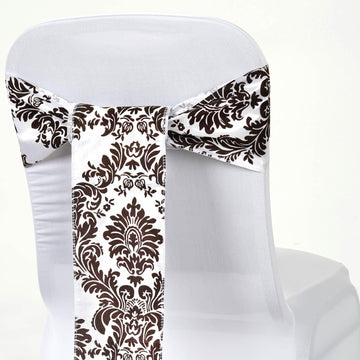 5 Pack | 6"x108" Chocolate / White Taffeta Damask Flocking Chair Tie Bow Sashes