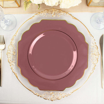 10 Pack 11" Cinnamon Rose Heavy Duty Disposable Baroque Dinner Plates with Gold Rim, Hard Plastic Dinnerware