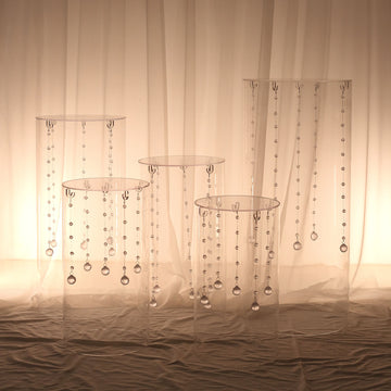 Set of 5 Clear Acrylic Cylinder Pedestal Stands, Wedding Pillar Plinth Column Cake Dessert Table Display With Hanging Hooks