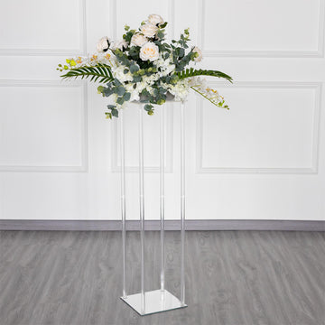 40" Clear Acrylic Floor Vase Wedding Column With Square Mirror Base, Flower Stand
