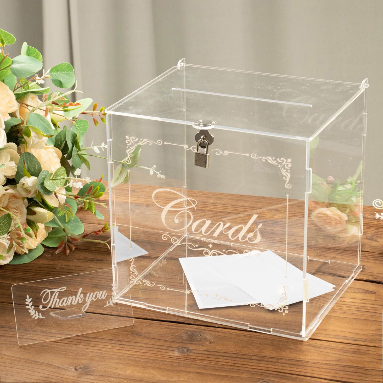 Clear Acrylic Wedding Card Box with Lock, Key & Thank You Sign Stand, Reception Party Money Gift Card Box | by Tableclothsfactory
