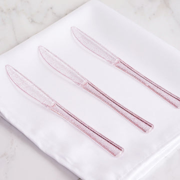 25 Pack 7" Transparent Blush Glitter Classic Heavy Duty Disposable Knives, Sparkly Plastic Silverware