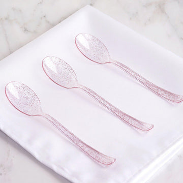 25 Pack 7" Transparent Blush Glitter Classic Heavy Duty Disposable Spoons, Sparkly Plastic Silverware