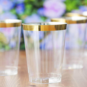 25 Pack Clear Crystal Disposable Tumbler Drink Glasses With Gold Rim, 10oz Plastic Party Cups