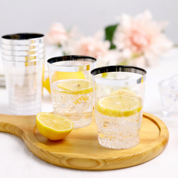 25 Pack Clear Crystal Disposable Tumbler Drink Glasses With Silver Rim, 10oz Plastic Party Cups