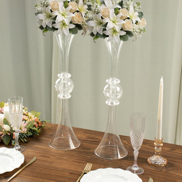 2 Pack | 21" Clear Crystal Embellishment Trumpet Flower Vase, Reversible Plastic Table Centerpiece