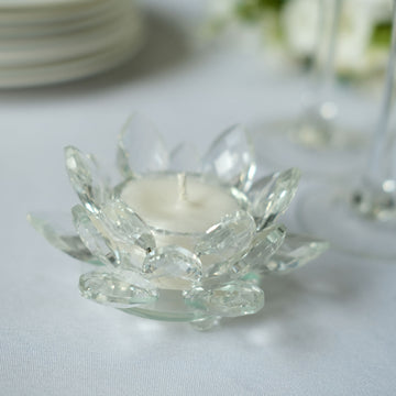 2 Pack Clear 4.5" Crystal Glass Lotus Flower Votive Candle Holders, Tealight Taper Candle Stands