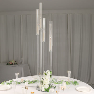 51" Clear 5-Arm Crystal Round Cluster Taper Candelabra Candle Holders, Votive Pillar LED Candle Holders With Round Mirror Base