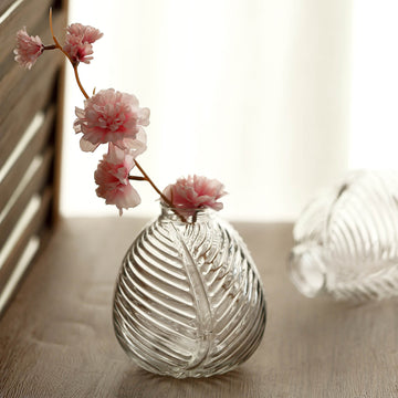 4 Pack | 5" Clear Embossed Glass Bud Vases, Round Embossed Leaf Flower Vases