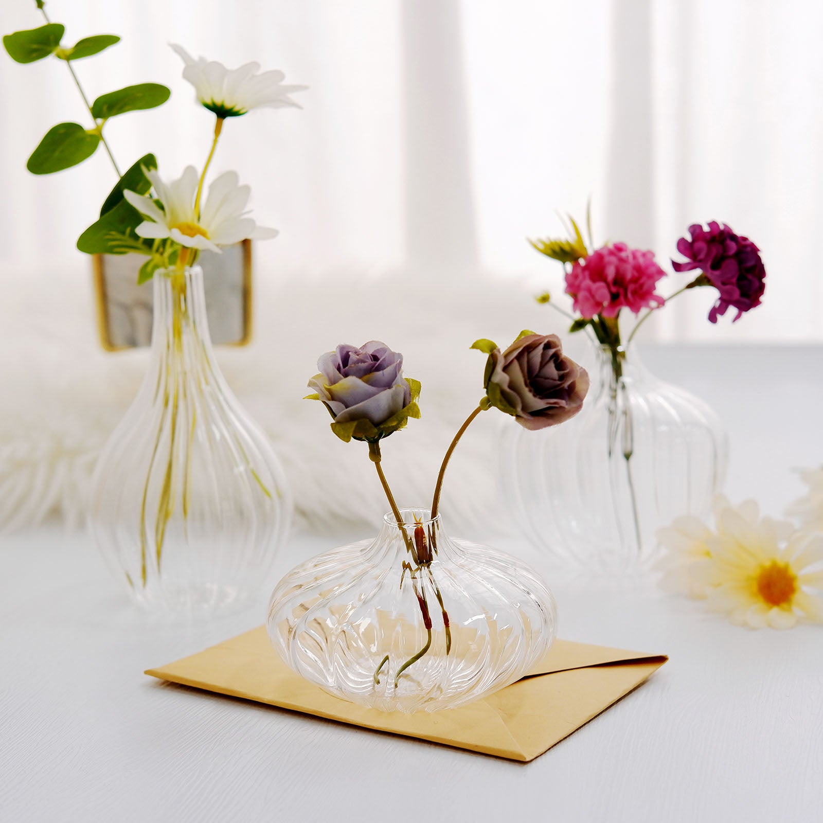 Set Of 3 | Clear Glass Flower Vases, Ribbed Bud Vase Table