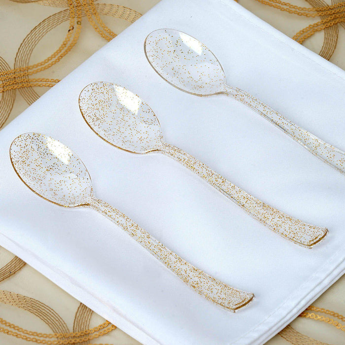 25 Pack - 7inch Clear Gold Glittered Heavy Duty Plastic Spoons, Utensils