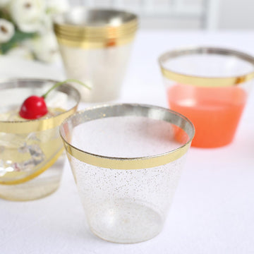 25 Pack 9oz Clear Gold Glittered Crystal Collection Plastic Tumblers Cups, Disposable Cocktail Cups