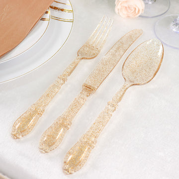 24 Pack Clear Gold Glittered Heavy Duty Plastic Silverware Set, Disposable Utensils