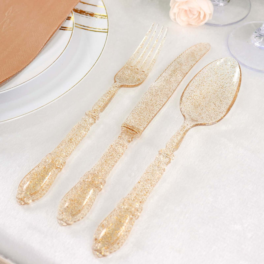 24 Pack | Clear Gold Glittered Heavy Duty Plastic Silverware Set, Disposable Utensils