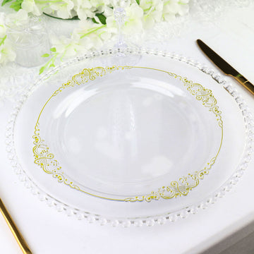 10 Pack 10" Clear Plastic Party Plates With Gold Leaf Embossed Baroque Rim, Round Disposable Dinner Plates