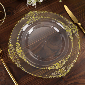 10 Pack 8" Clear Plastic Salad Plates With Gold Leaf Embossed Baroque Rim, Round Disposable Appetizer Dessert Plates