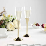 6 Pack | 5oz Clear / Gold Plastic Champagne Flutes, Disposable Glasses With Detachable Base