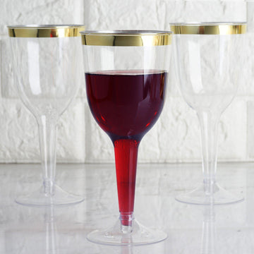 12 Pack 9oz Clear Gold Rim Hollow Stem Plastic Wine Goblet Glasses, Disposable Cups With Detachable Base