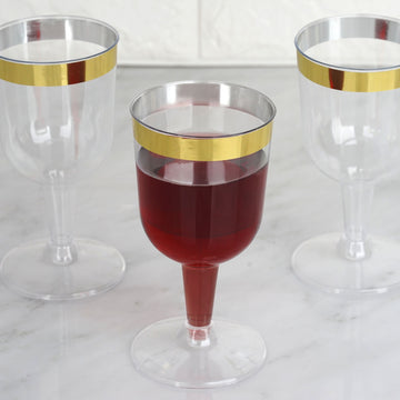 12 Pack 6oz Clear Gold Rim Short Stem Plastic Wine Glasses Disposable Cups