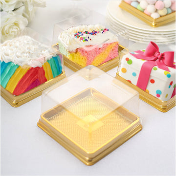 50 Pack | Clear / Gold Square Mini Plastic Cupcake Party Favor Boxes, Muffin Dessert Containers - 4"x4"x2.5"