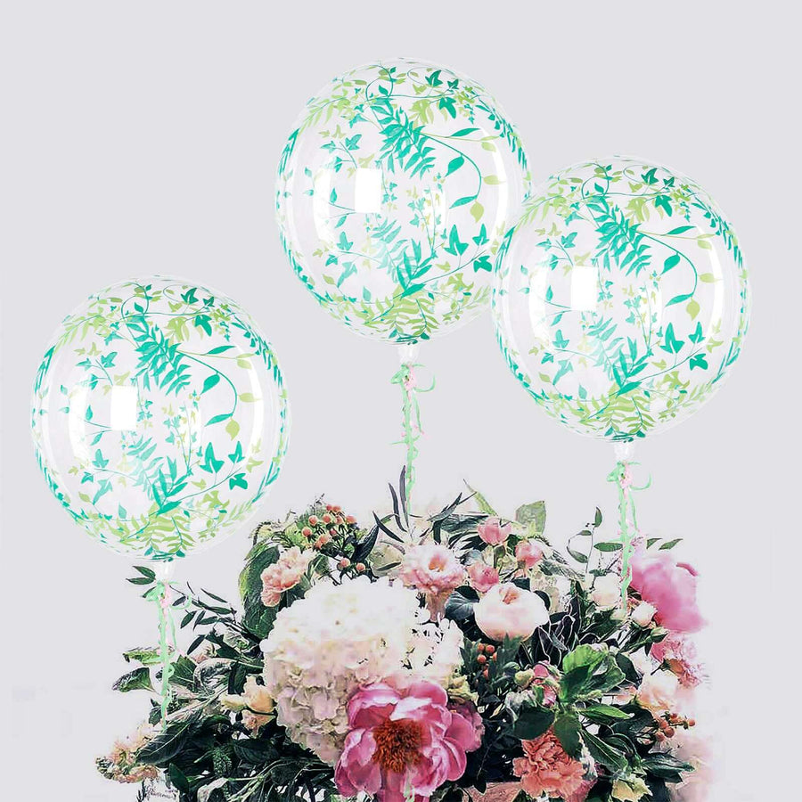 2 Pack | 20" Clear/Green Leaf Print Bobo Bubble Balloons, Transparent PVC Balloons