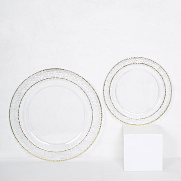10 Pack 7.5" Clear Hammered Design Plastic Salad Plates With Gold Rim