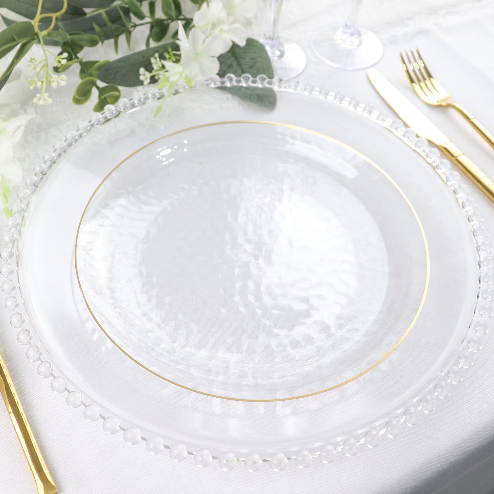 Clear Gold-Trimmed Hammered Disposable Plastic Plates 40 Pcs Combo Pack Size: 10.25 in | Wedding | Event | Wholesale by CV Linens