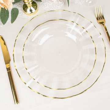 10 Pack | 9" Clear Heavy Duty Disposable Dinner Plates with Gold Ruffled Rim, Hard Plastic Dinnerware