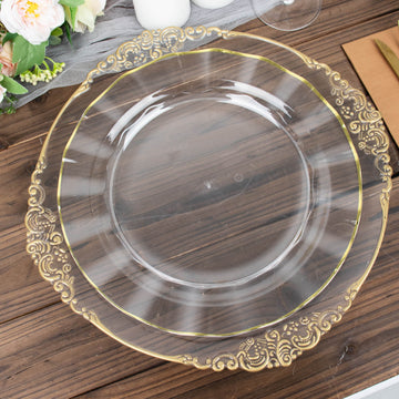 10 Pack 11" Clear Disposable Dinner Plates With Gold Ruffled Rim, Round Plastic Party Plates